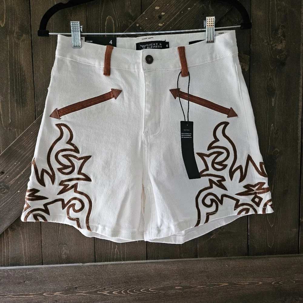 NEW LUCKY & BLESSED Ivory Embroidered Denim Shorts W/ Brown Western Boot-stitch